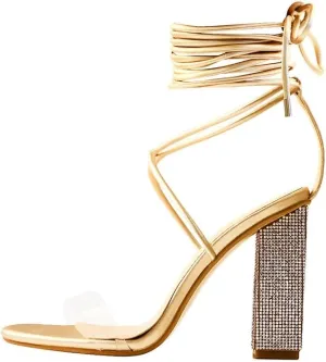 Richealnana Women's Rhinestones Block Heel Lace Up Ankle Wrap Heeled Sandals
