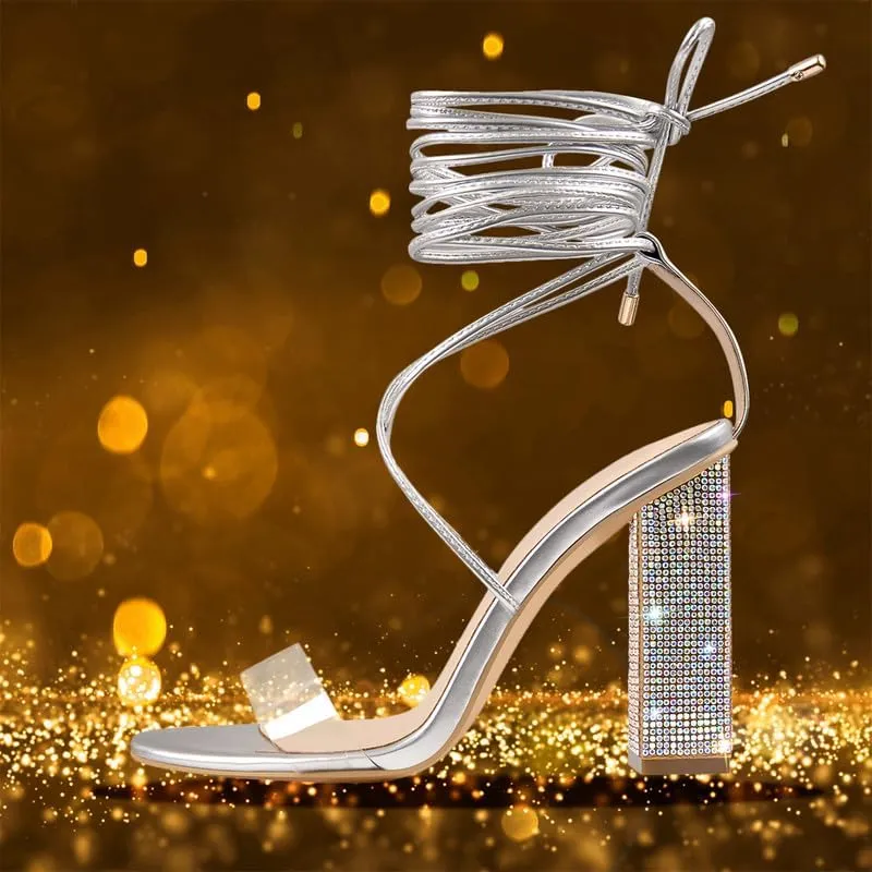 Richealnana Women's Rhinestones Block Heel Lace Up Ankle Wrap Heeled Sandals