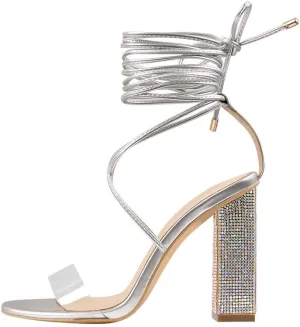 Richealnana Women's Rhinestones Block Heel Lace Up Ankle Wrap Heeled Sandals