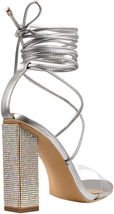 Richealnana Women's Rhinestones Block Heel Lace Up Ankle Wrap Heeled Sandals