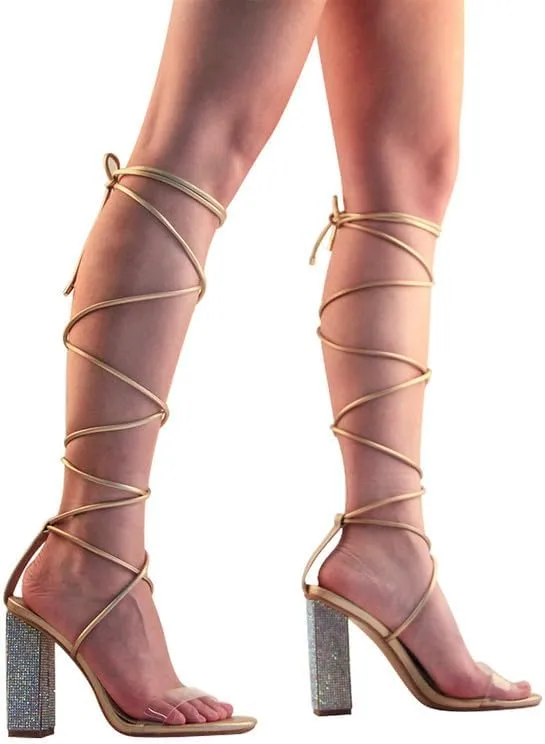Richealnana Women's Rhinestones Block Heel Lace Up Ankle Wrap Heeled Sandals