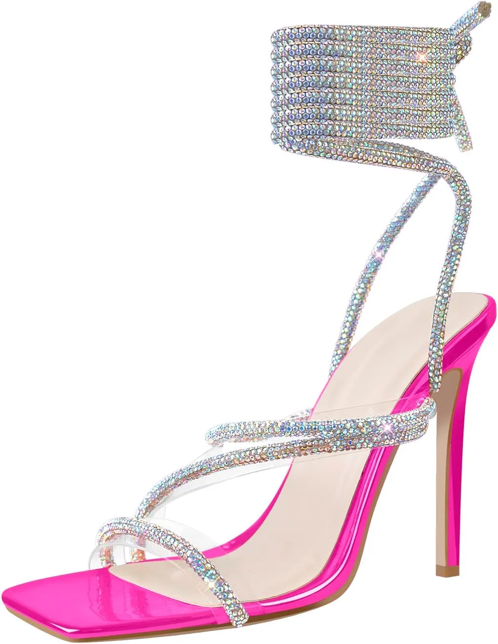 richealnini Women's Sparkly Clear Lace Up Ankle Strap High Heel Sandals