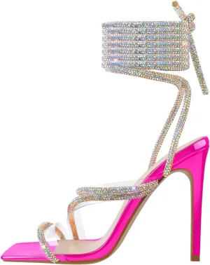 richealnini Women's Sparkly Clear Lace Up Ankle Strap High Heel Sandals