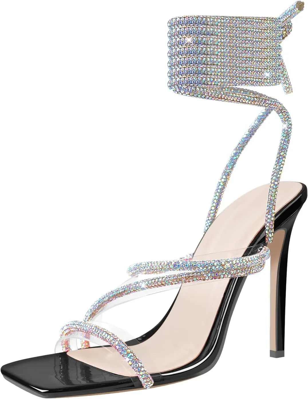 richealnini Women's Sparkly Clear Lace Up Ankle Strap High Heel Sandals