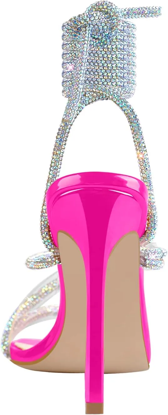 richealnini Women's Sparkly Clear Lace Up Ankle Strap High Heel Sandals