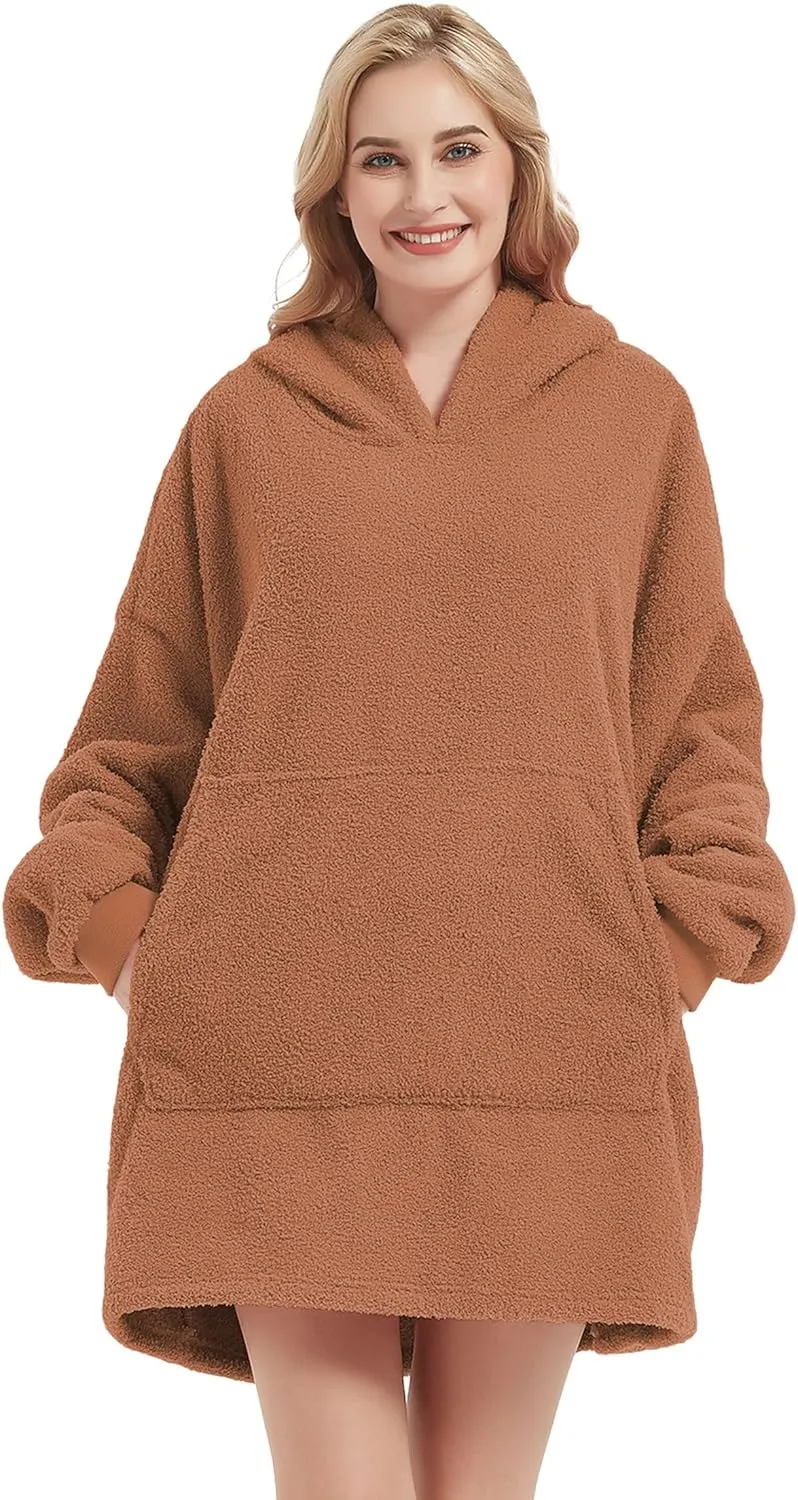 RISISSIDA Wearable Blanket for Adult Women and Men,Sherpa Hoodie with Giant Front Pocket for Indoor/Outdoor,One Size Fits All