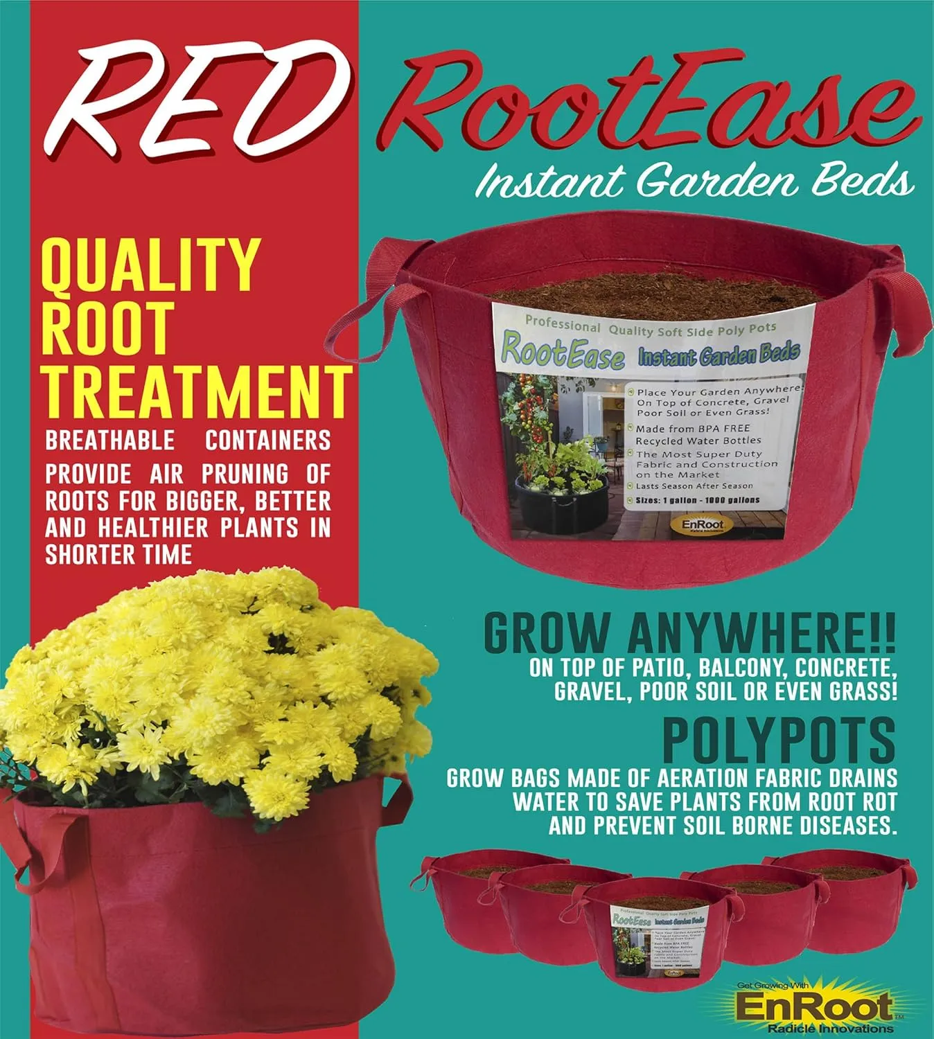 RootEase 5-Pack Garden Planting Fabric Pot, Heavy Duty Durable Grow Bags/Planter, Raised Bed Gardening, Eco-Friendly Grow Bags with Handles (3 Gallon, Red)