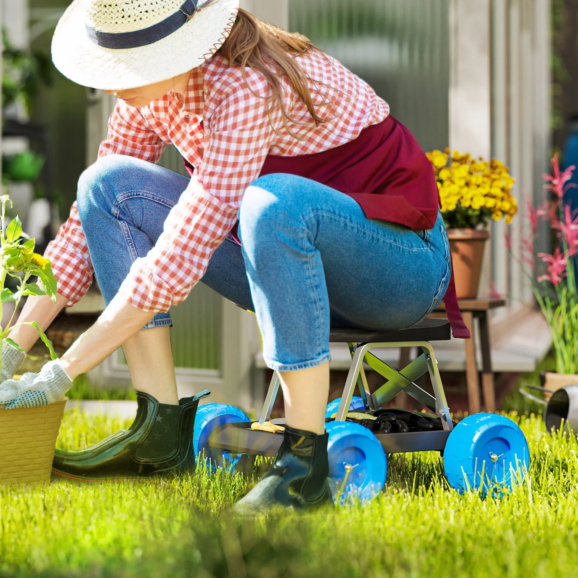 Rootz Garden Stool Rollable Cart - Gardening Seat - Mobile Tool Tray - Reduces Knees & Back Strain - 50 x 49 x 32 cm