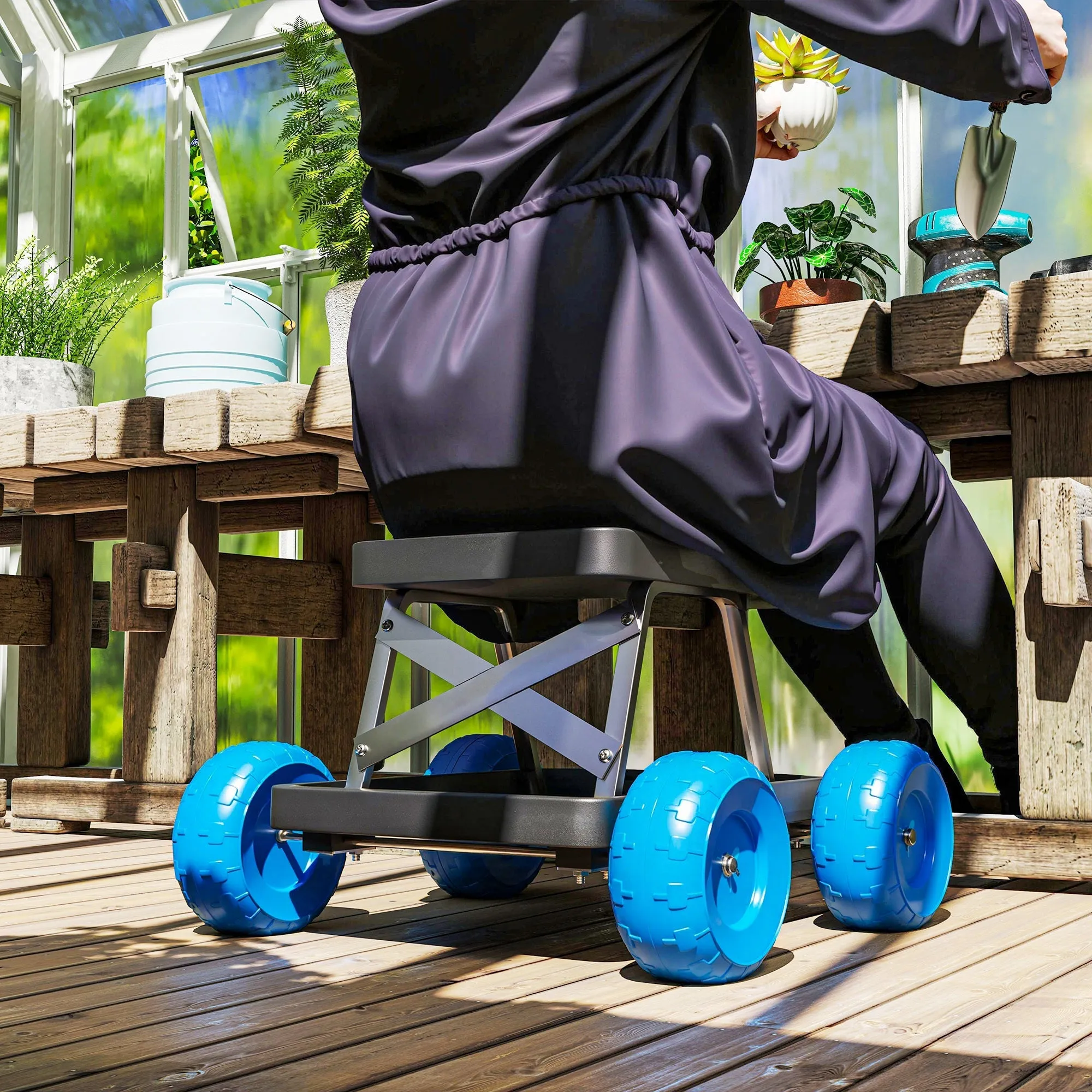 Rootz Garden Stool Rollable Cart - Gardening Seat - Mobile Tool Tray - Reduces Knees & Back Strain - 50 x 49 x 32 cm