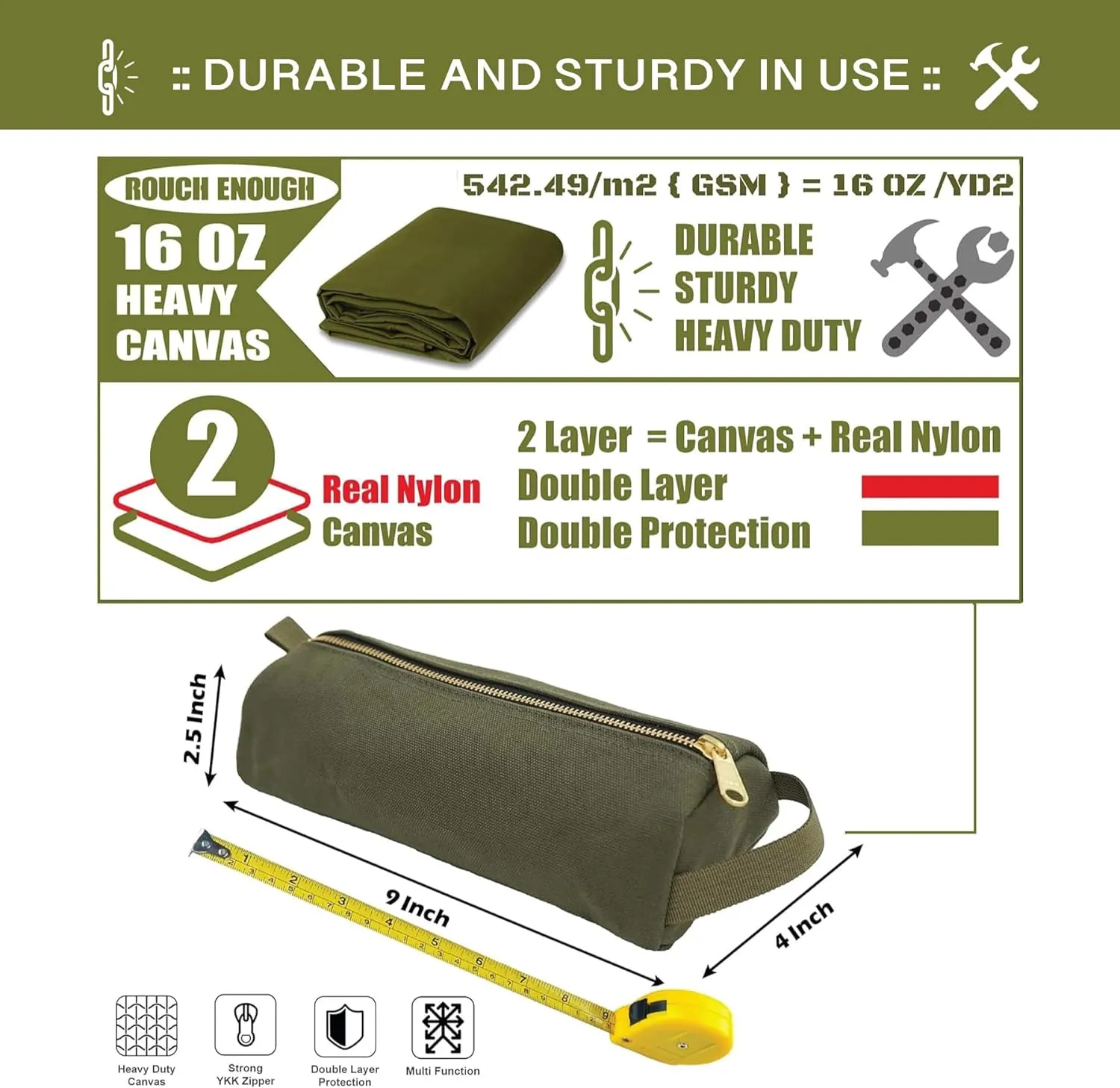 Rough Enough Small Tool Pouch Bag for Motorcycle Bike Accessories Storage Organizer with Zipper Handle Canvas Army Green