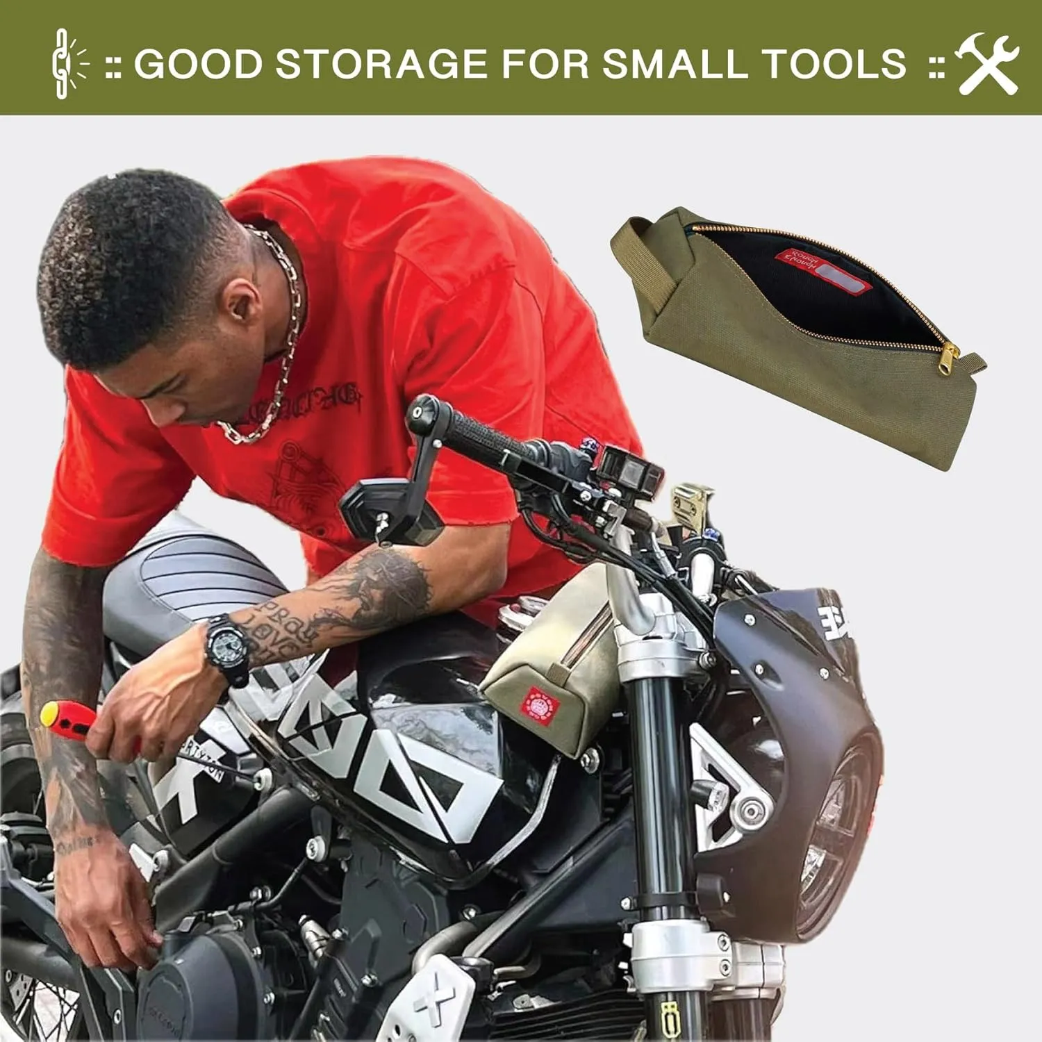 Rough Enough Small Tool Pouch Bag for Motorcycle Bike Accessories Storage Organizer with Zipper Handle Canvas Army Green