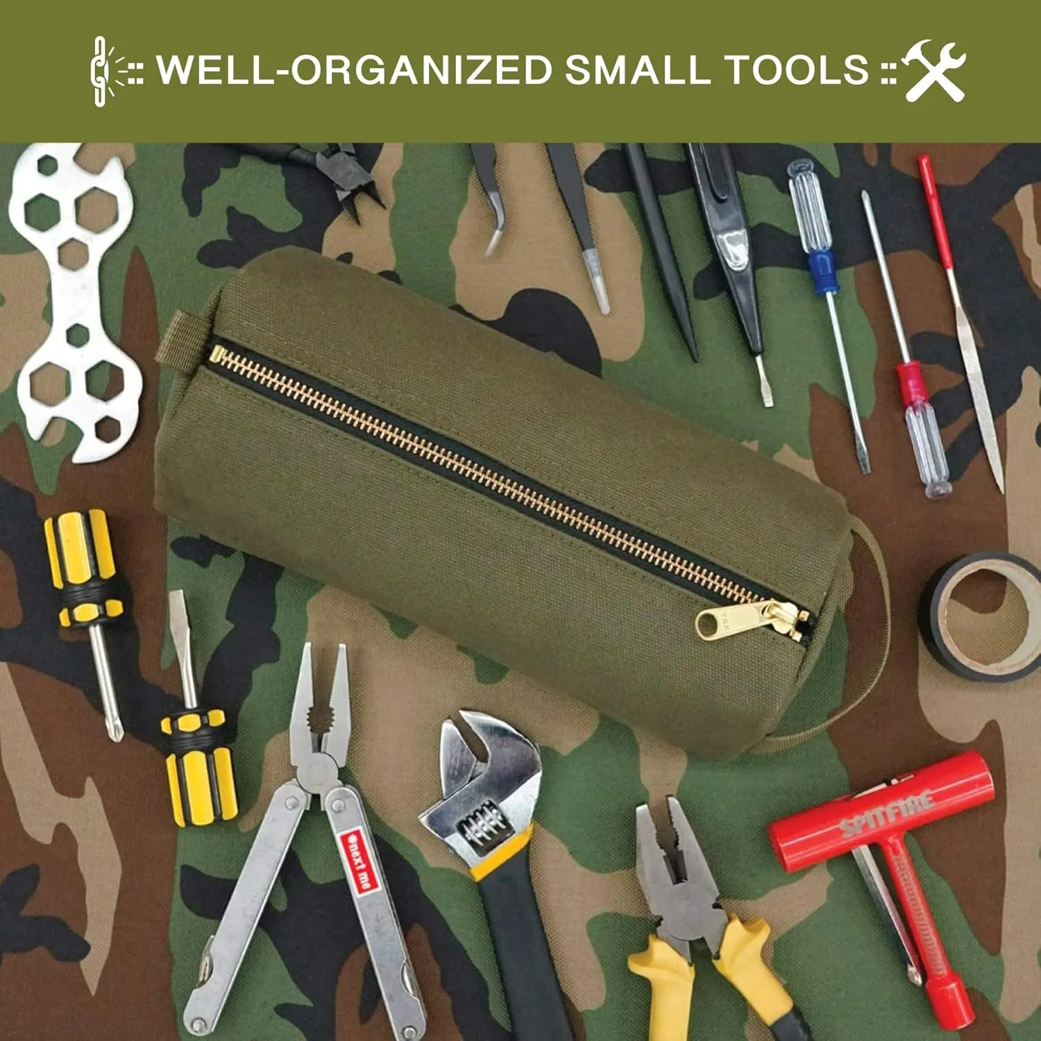 Rough Enough Small Tool Pouch Bag for Motorcycle Bike Accessories Storage Organizer with Zipper Handle Canvas Army Green
