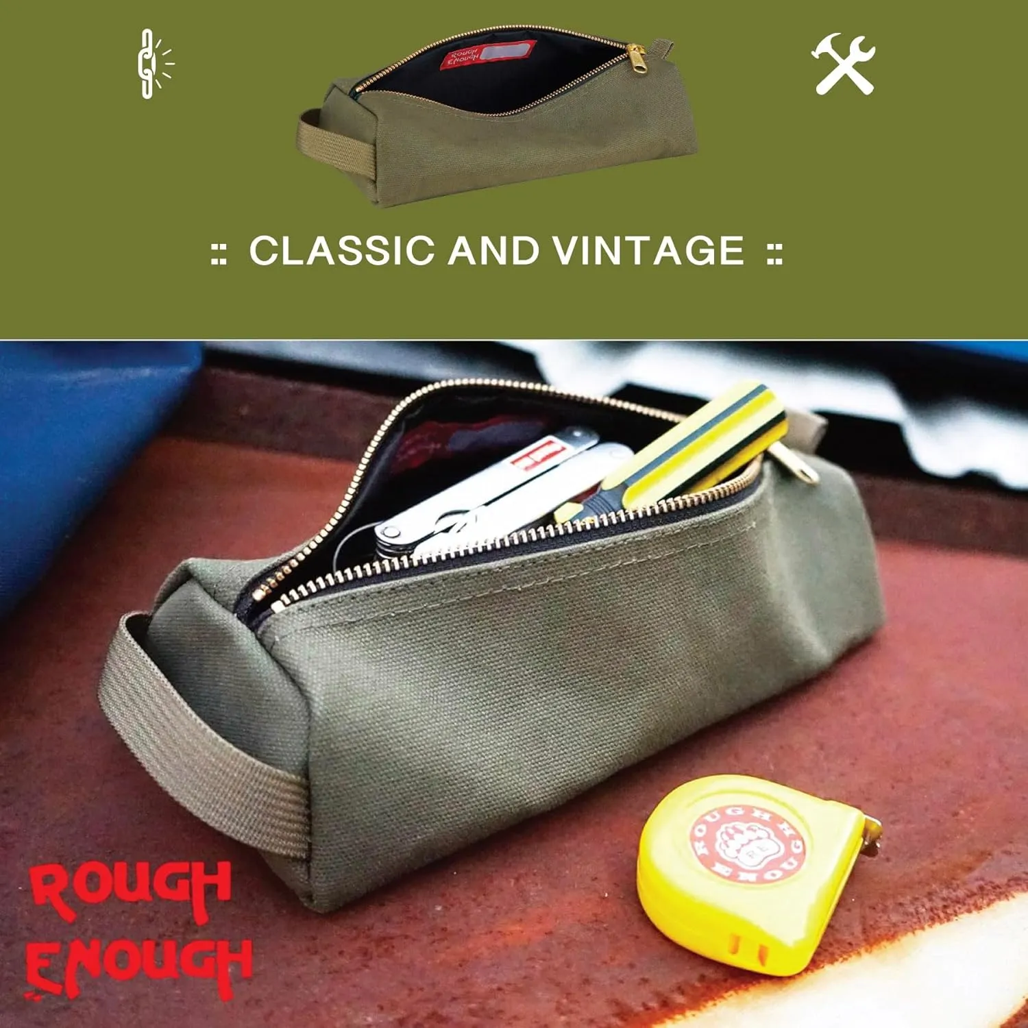 Rough Enough Small Tool Pouch Bag for Motorcycle Bike Accessories Storage Organizer with Zipper Handle Canvas Army Green