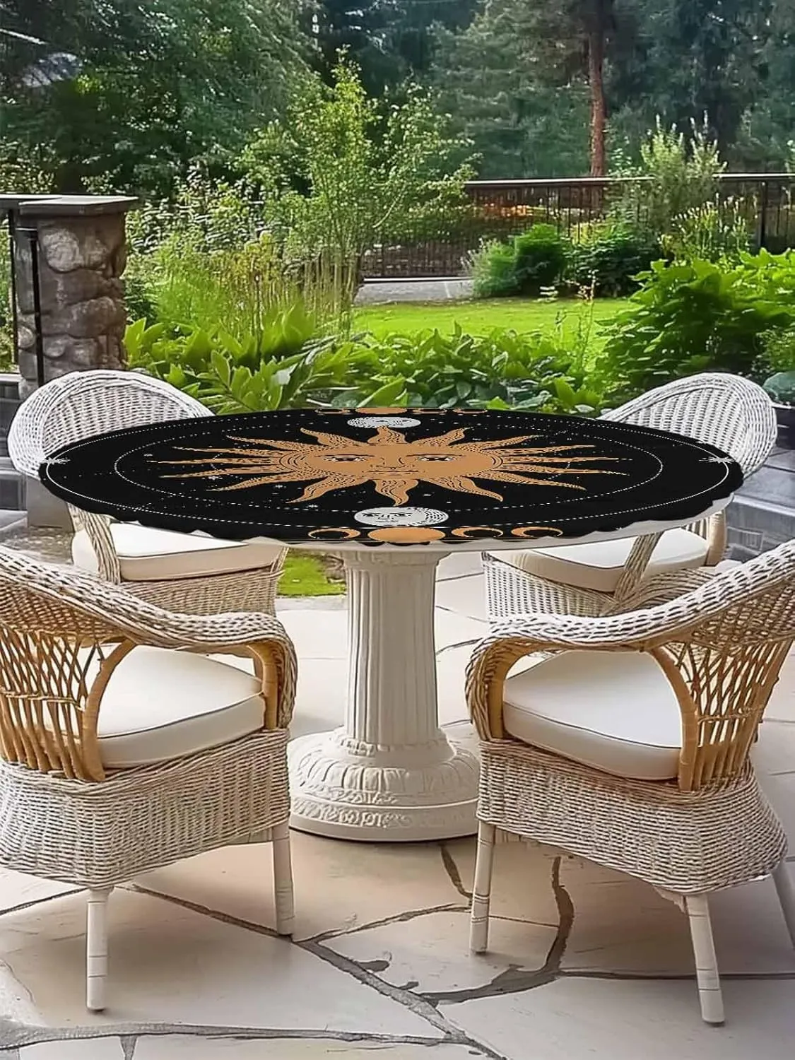Round Fitted Tablecloth Abstract Bohemian Sun Moon Waterproof Table Cover for Indoor Outdoor Holiday Party Retro Planet Lovers Elastic Edged Tablecloths Fit Up 45"-54" Tables