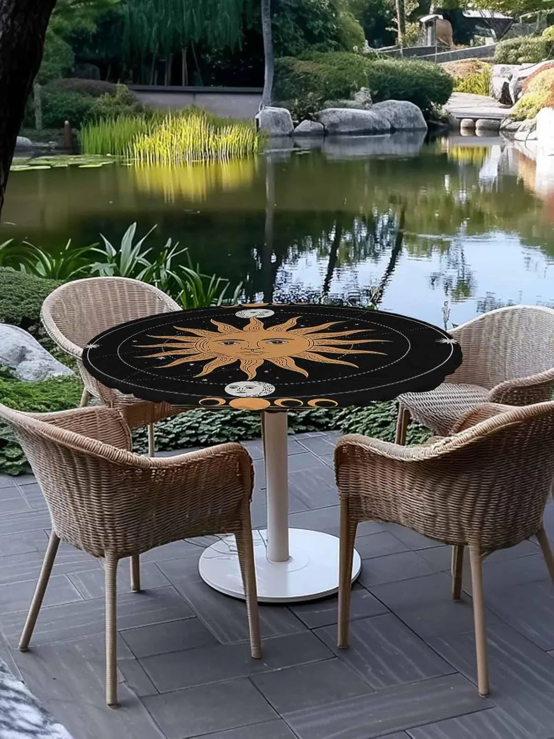 Round Fitted Tablecloth Abstract Bohemian Sun Moon Waterproof Table Cover for Indoor Outdoor Holiday Party Retro Planet Lovers Elastic Edged Tablecloths Fit Up 45"-54" Tables