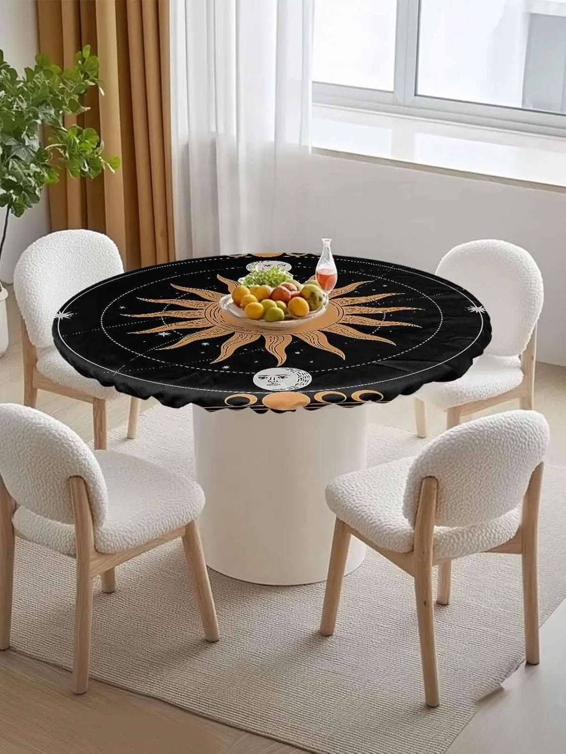 Round Fitted Tablecloth Abstract Bohemian Sun Moon Waterproof Table Cover for Indoor Outdoor Holiday Party Retro Planet Lovers Elastic Edged Tablecloths Fit Up 45"-54" Tables