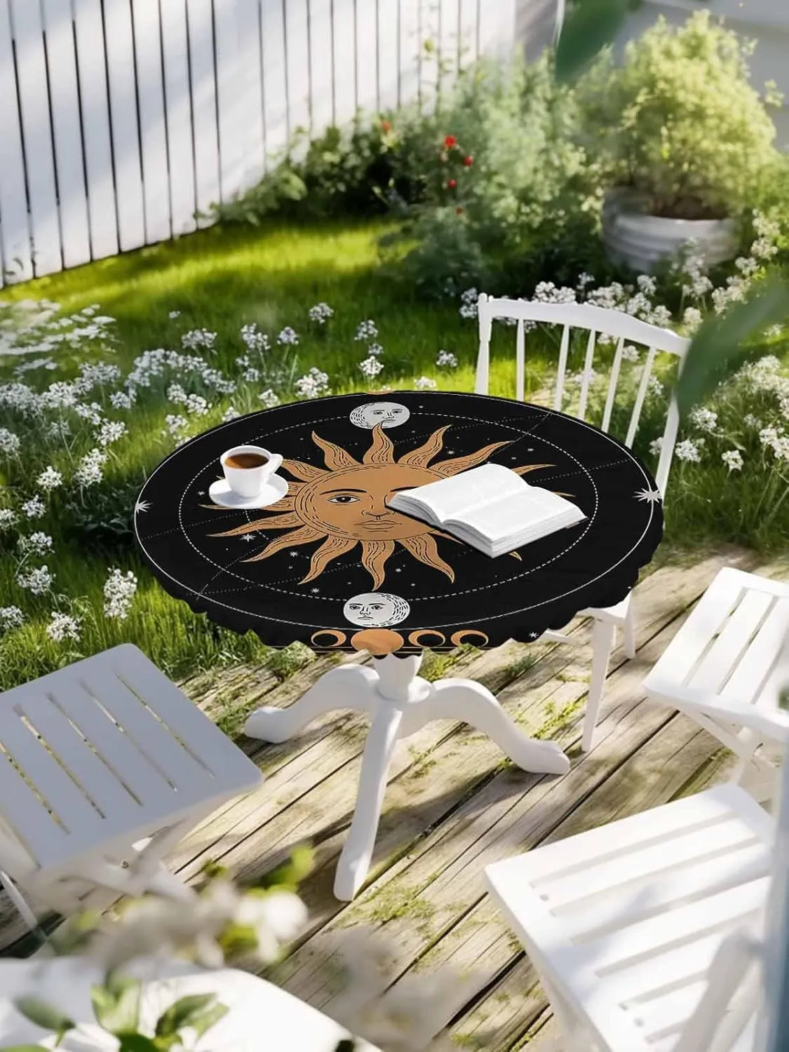 Round Fitted Tablecloth Abstract Bohemian Sun Moon Waterproof Table Cover for Indoor Outdoor Holiday Party Retro Planet Lovers Elastic Edged Tablecloths Fit Up 45"-54" Tables