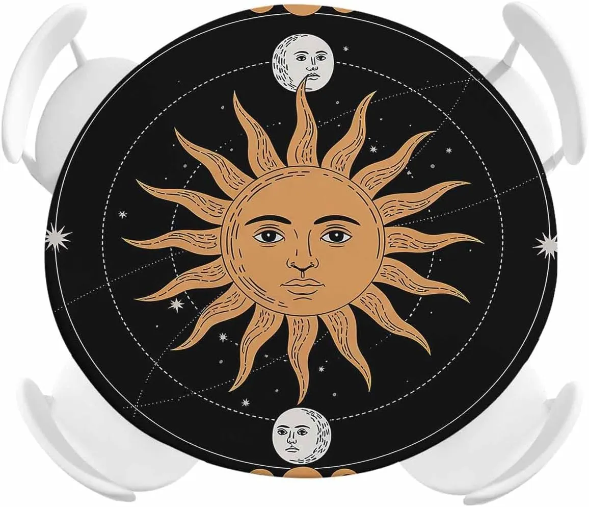 Round Fitted Tablecloth Abstract Bohemian Sun Moon Waterproof Table Cover for Indoor Outdoor Holiday Party Retro Planet Lovers Elastic Edged Tablecloths Fit Up 45"-54" Tables