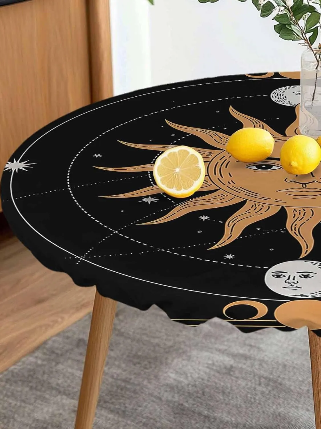 Round Fitted Tablecloth Abstract Bohemian Sun Moon Waterproof Table Cover for Indoor Outdoor Holiday Party Retro Planet Lovers Elastic Edged Tablecloths Fit Up 45"-54" Tables