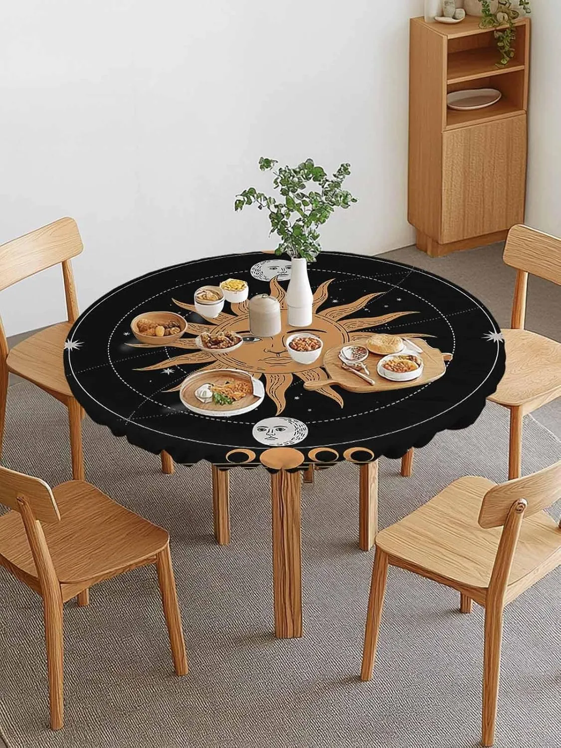 Round Fitted Tablecloth Abstract Bohemian Sun Moon Waterproof Table Cover for Indoor Outdoor Holiday Party Retro Planet Lovers Elastic Edged Tablecloths Fit Up 45"-54" Tables