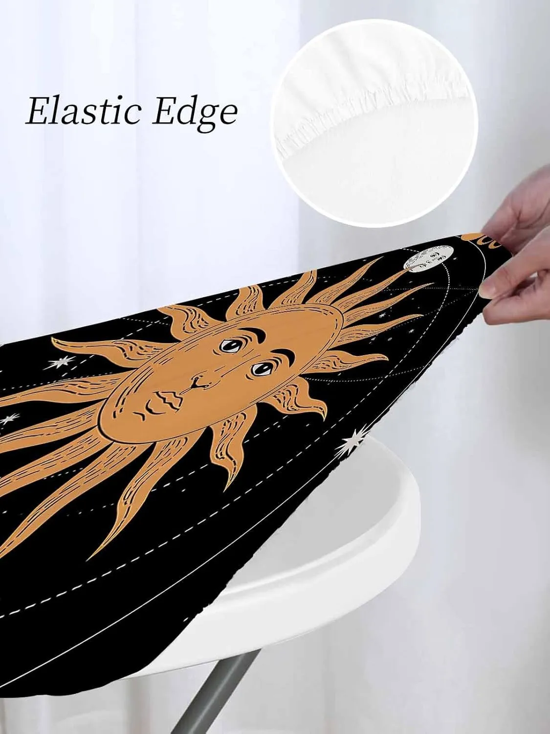 Round Fitted Tablecloth Abstract Bohemian Sun Moon Waterproof Table Cover for Indoor Outdoor Holiday Party Retro Planet Lovers Elastic Edged Tablecloths Fit Up 45"-54" Tables