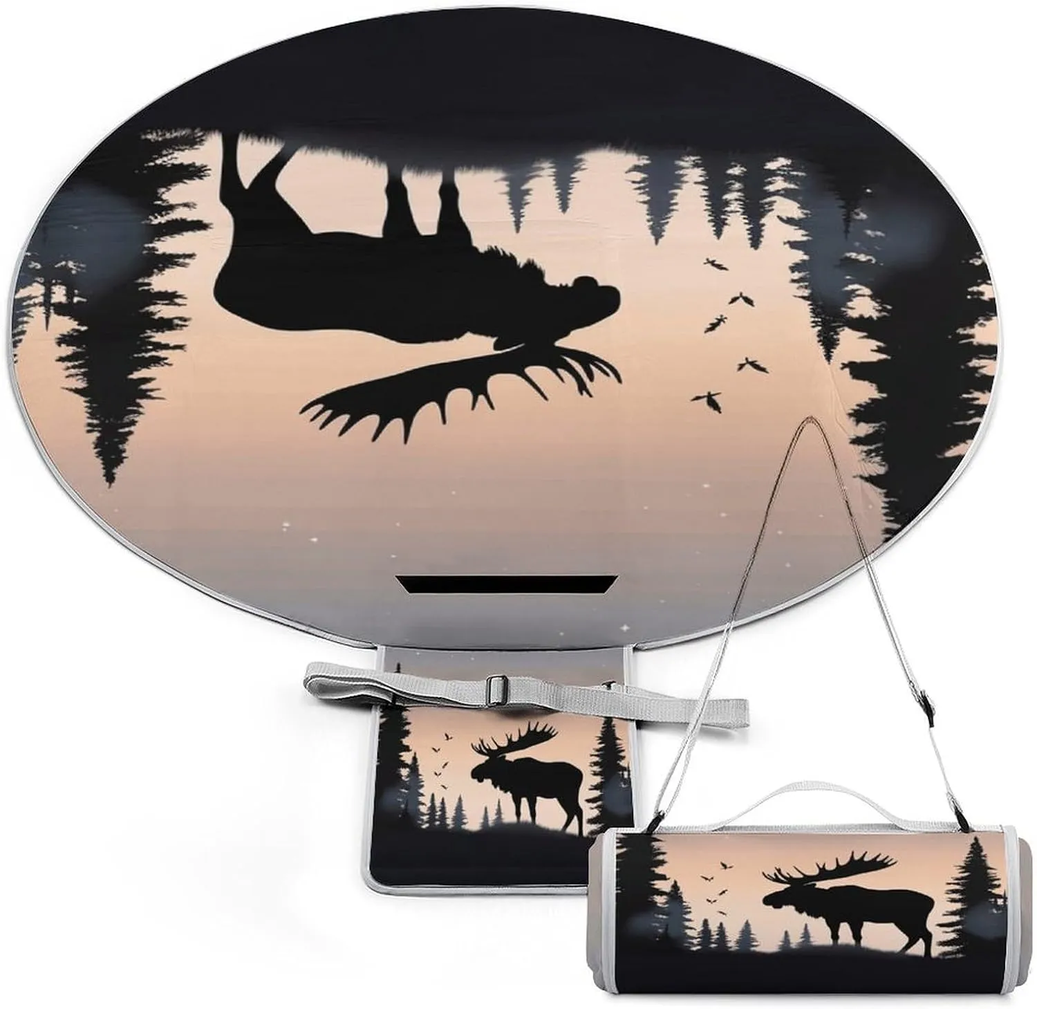 Round Picnic Mat, Moose Mountain Pine Tree Wilderness Print Outdoor Picnic Blanket Foldable Picnic Mat Portable Picnic Mat Versatile Picnic Blanket