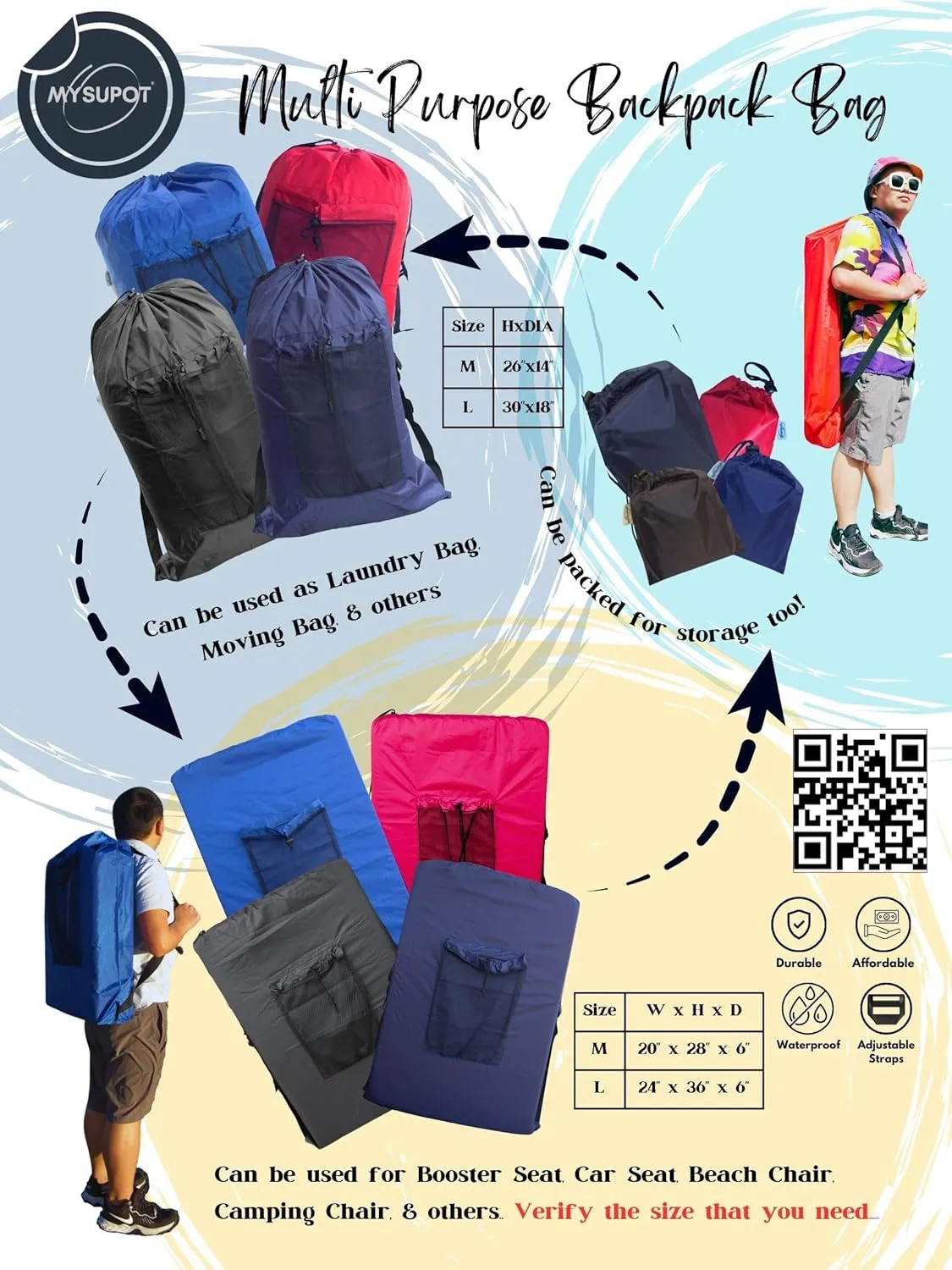 ROYAL BLUE (Large 36"x24"x6") Beach Chair Bag. For Lawn Chair, Recliner, Director Chair, Camping Chair, Booster Car Seat, Laundry. 420D Polyester Backpack w/Adjustable Straps & Mesh Pocket