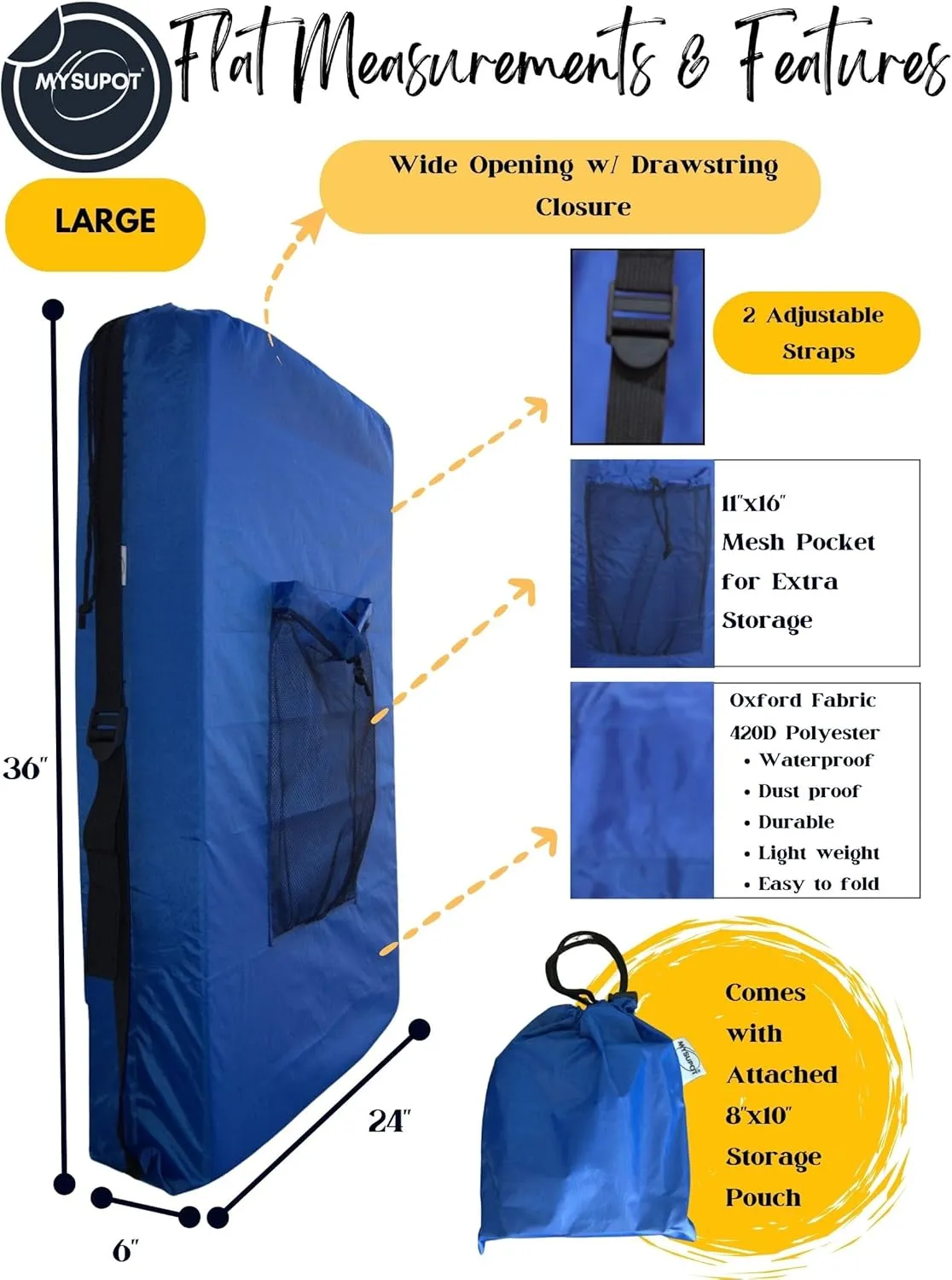 ROYAL BLUE (Large 36"x24"x6") Beach Chair Bag. For Lawn Chair, Recliner, Director Chair, Camping Chair, Booster Car Seat, Laundry. 420D Polyester Backpack w/Adjustable Straps & Mesh Pocket
