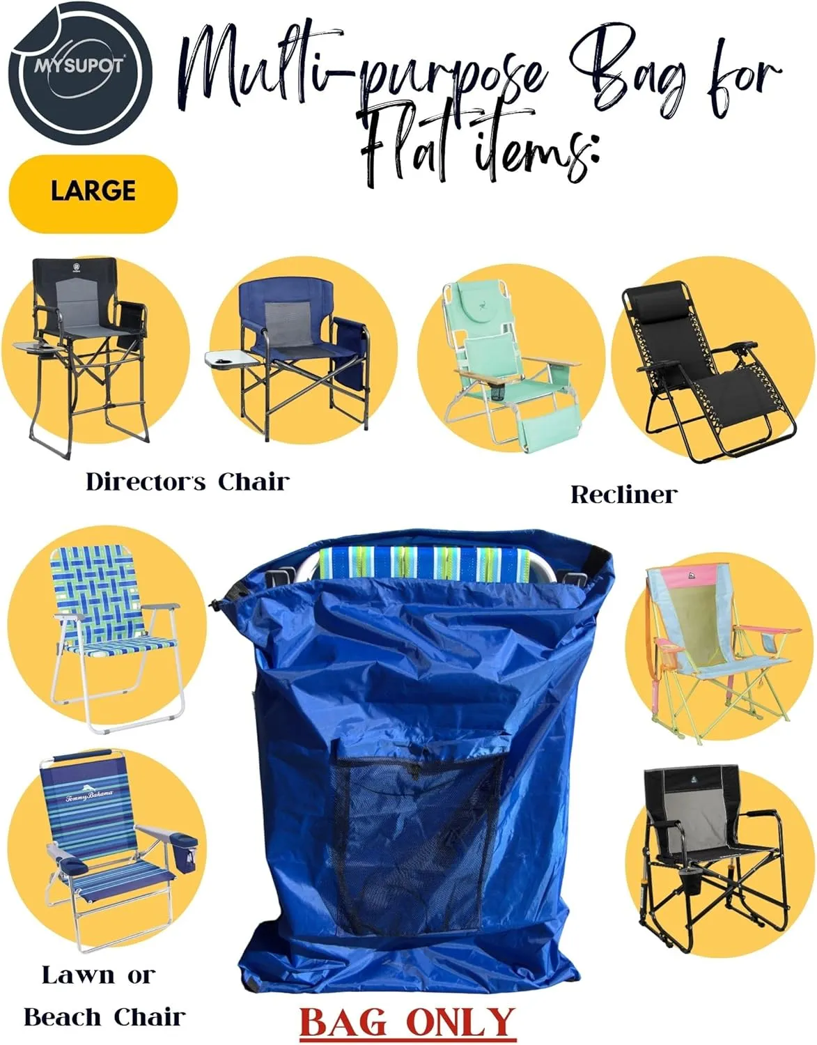 ROYAL BLUE (Large 36"x24"x6") Beach Chair Bag. For Lawn Chair, Recliner, Director Chair, Camping Chair, Booster Car Seat, Laundry. 420D Polyester Backpack w/Adjustable Straps & Mesh Pocket