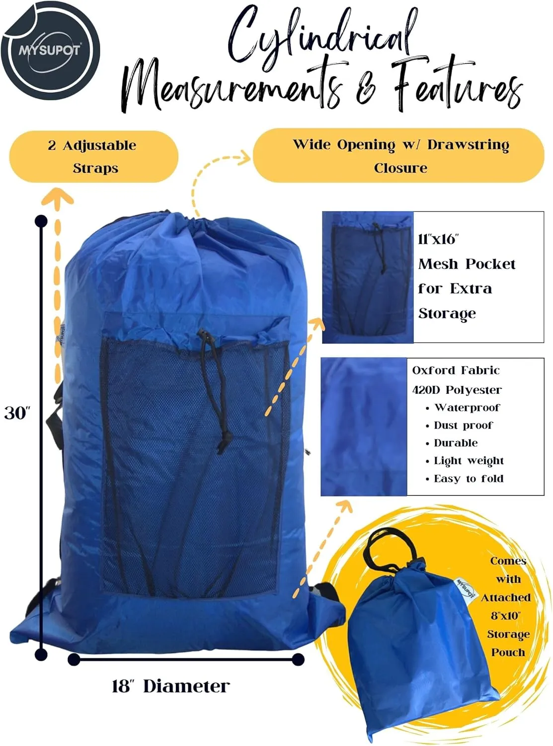 ROYAL BLUE (Large 36"x24"x6") Beach Chair Bag. For Lawn Chair, Recliner, Director Chair, Camping Chair, Booster Car Seat, Laundry. 420D Polyester Backpack w/Adjustable Straps & Mesh Pocket