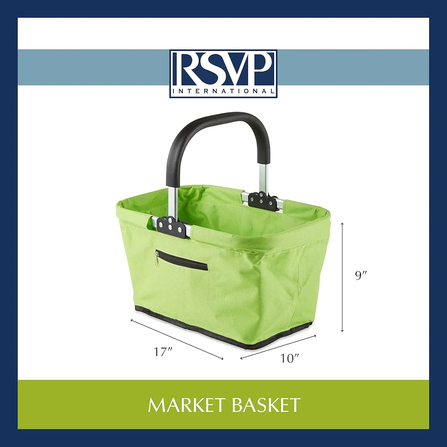 RSVP International Collapsible Market Basket Aluminum Frame, Large Zip Side Pocket, 17x11x18", Turquoise