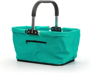 RSVP International Collapsible Market Basket Aluminum Frame, Large Zip Side Pocket, 17x11x18", Turquoise