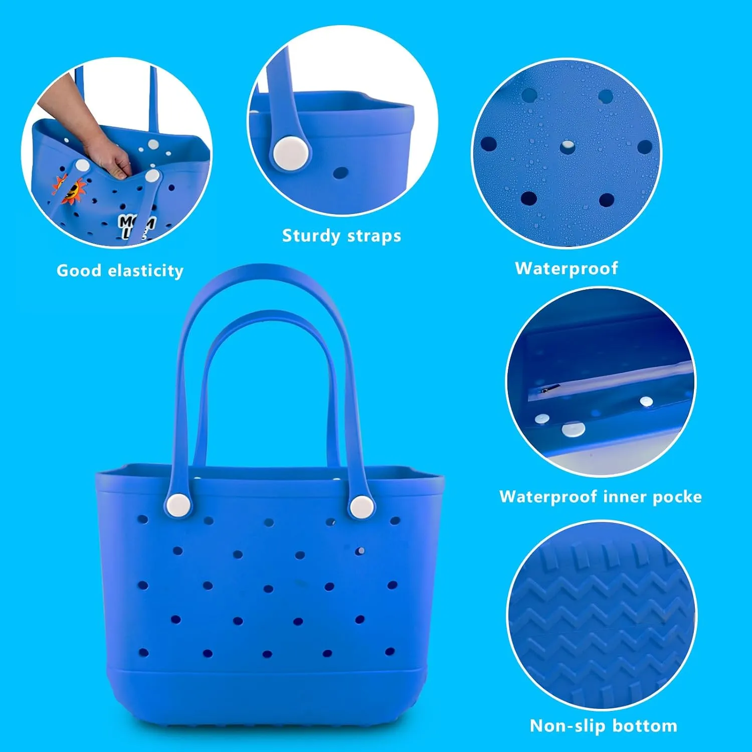 Rubber Beach Tote Bag - Waterproof Washable Durable Open Purses with Zipper Pocket and Phone Pouch for Pool Boat