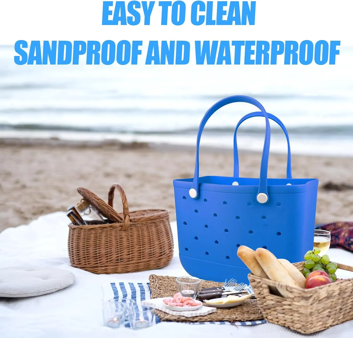 Rubber Beach Tote Bag - Waterproof Washable Durable Open Purses with Zipper Pocket and Phone Pouch for Pool Boat
