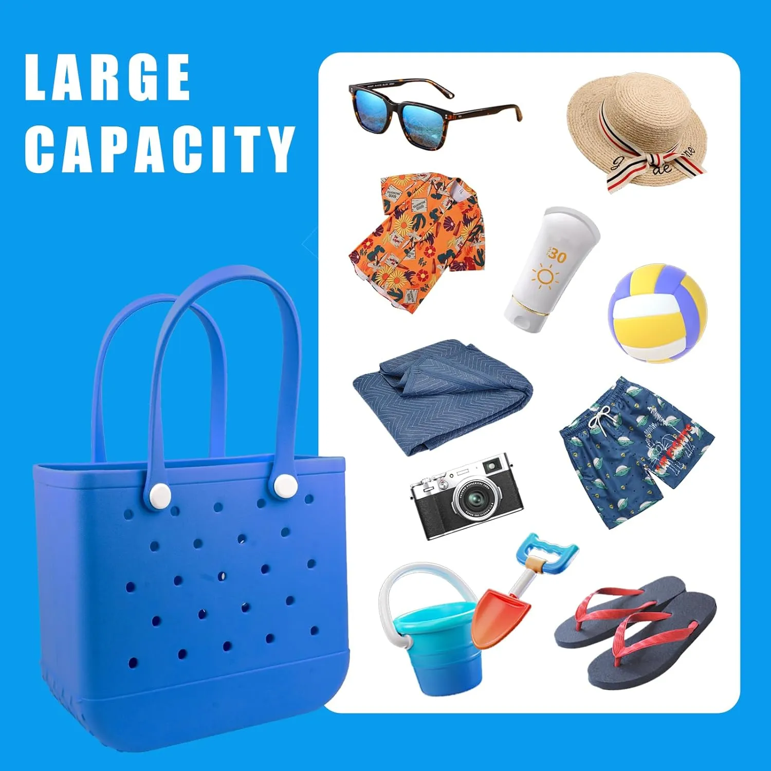 Rubber Beach Tote Bag - Waterproof Washable Durable Open Purses with Zipper Pocket and Phone Pouch for Pool Boat