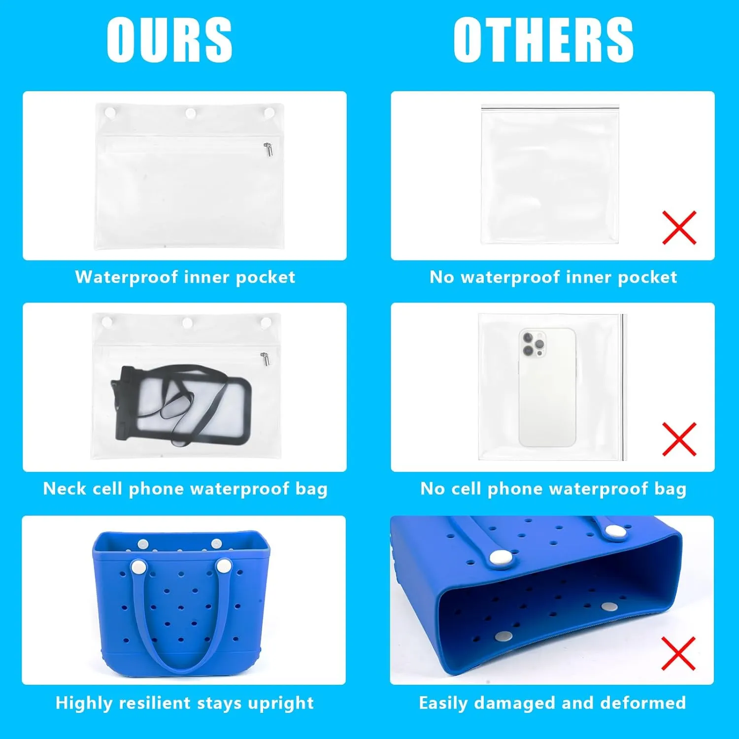 Rubber Beach Tote Bag - Waterproof Washable Durable Open Purses with Zipper Pocket and Phone Pouch for Pool Boat