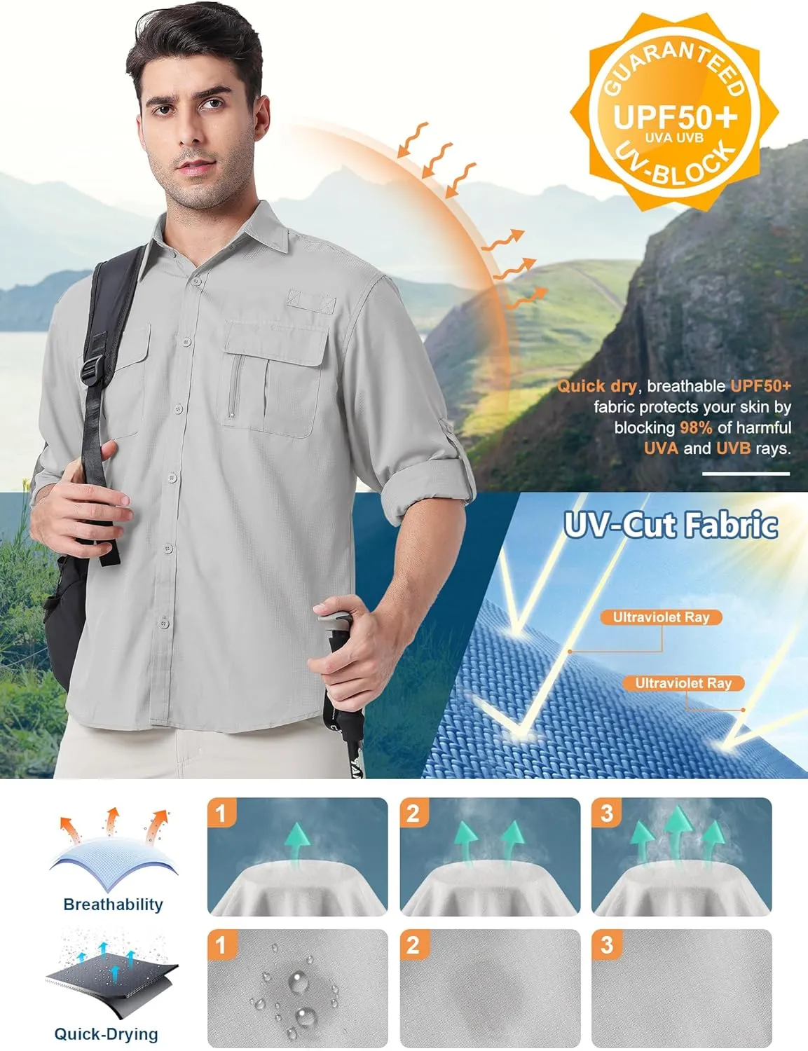 Safari Shirts for Men for Africa UV Sun Protection Lightweight Quick Dry Moisture Wicking for Hiking Fishing Travel Outdoor