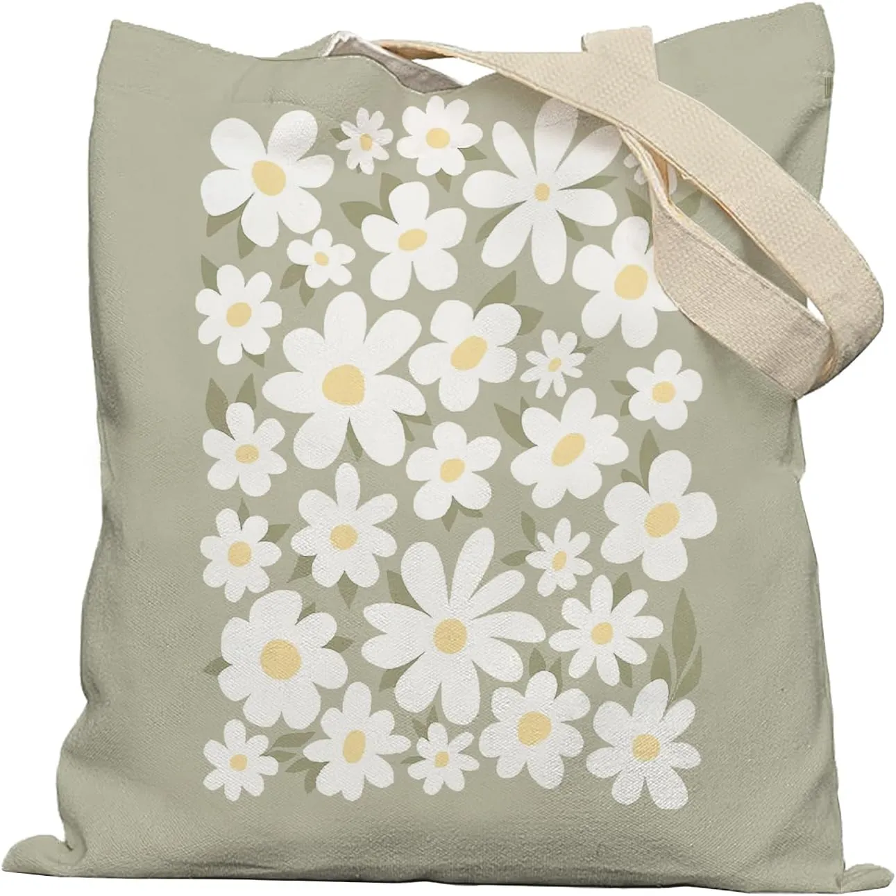 Sage Green Aesthetic Tote Bag, Floral Tote Bag, Cute Flower Canvas Tote Bags for Women, Cute Tote Bag, Reusable Grocery Bags Shopping Bags, White, 701ys-STD-A