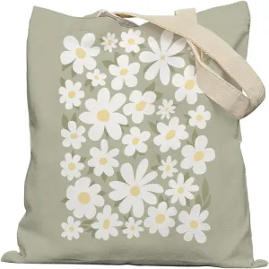 Sage Green Aesthetic Tote Bag, Floral Tote Bag, Cute Flower Canvas Tote Bags for Women, Cute Tote Bag, Reusable Grocery Bags Shopping Bags, White, 701ys-STD-A
