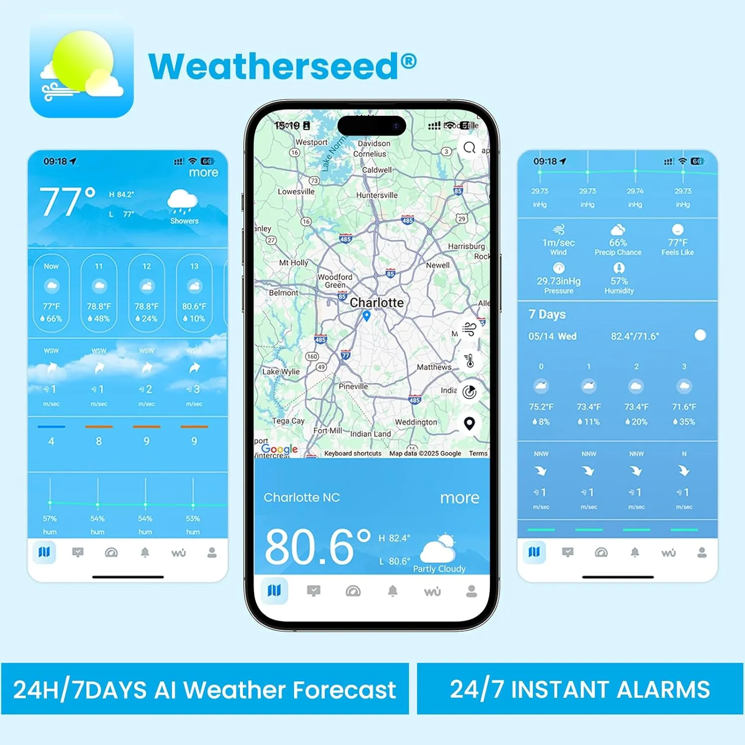Sainlogic WiFi Smart Weather Station SA7 with 24H/ 7Days Accurate Weather Forecast by Weatherseed® AI,Wireless Indoor Outdoor Weather Station with Rain Gauge and Wind Speed,2-Year Data Storage