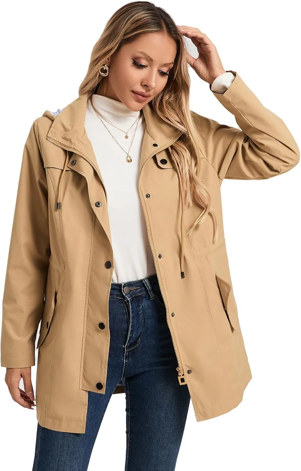 SaphiRose Women's Long Rain Jacket Waterproof Rain Coat with Hood Outdoor Light Raincoats Windbreaker