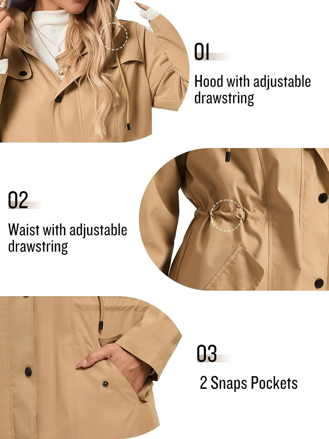 SaphiRose Women's Long Rain Jacket Waterproof Rain Coat with Hood Outdoor Light Raincoats Windbreaker