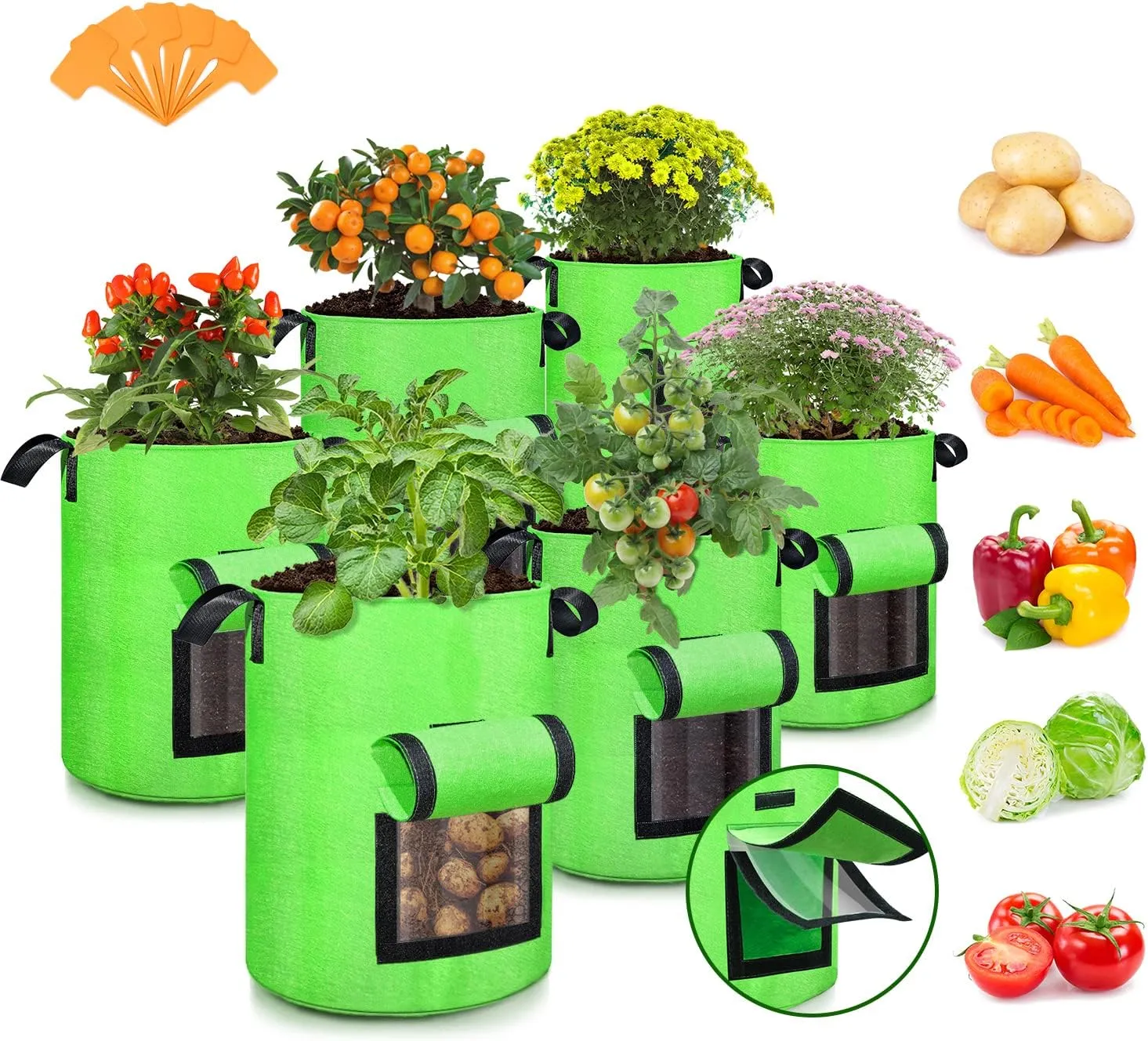 SCENGCLOS 10 Gallon Potato Grow Bags, 6 Pack, Two-Sided Transparent Flap, Breathable Non-Woven Fabric, Large Capacity, Durable Handle, Ideal for Indoor/Outdoor Use