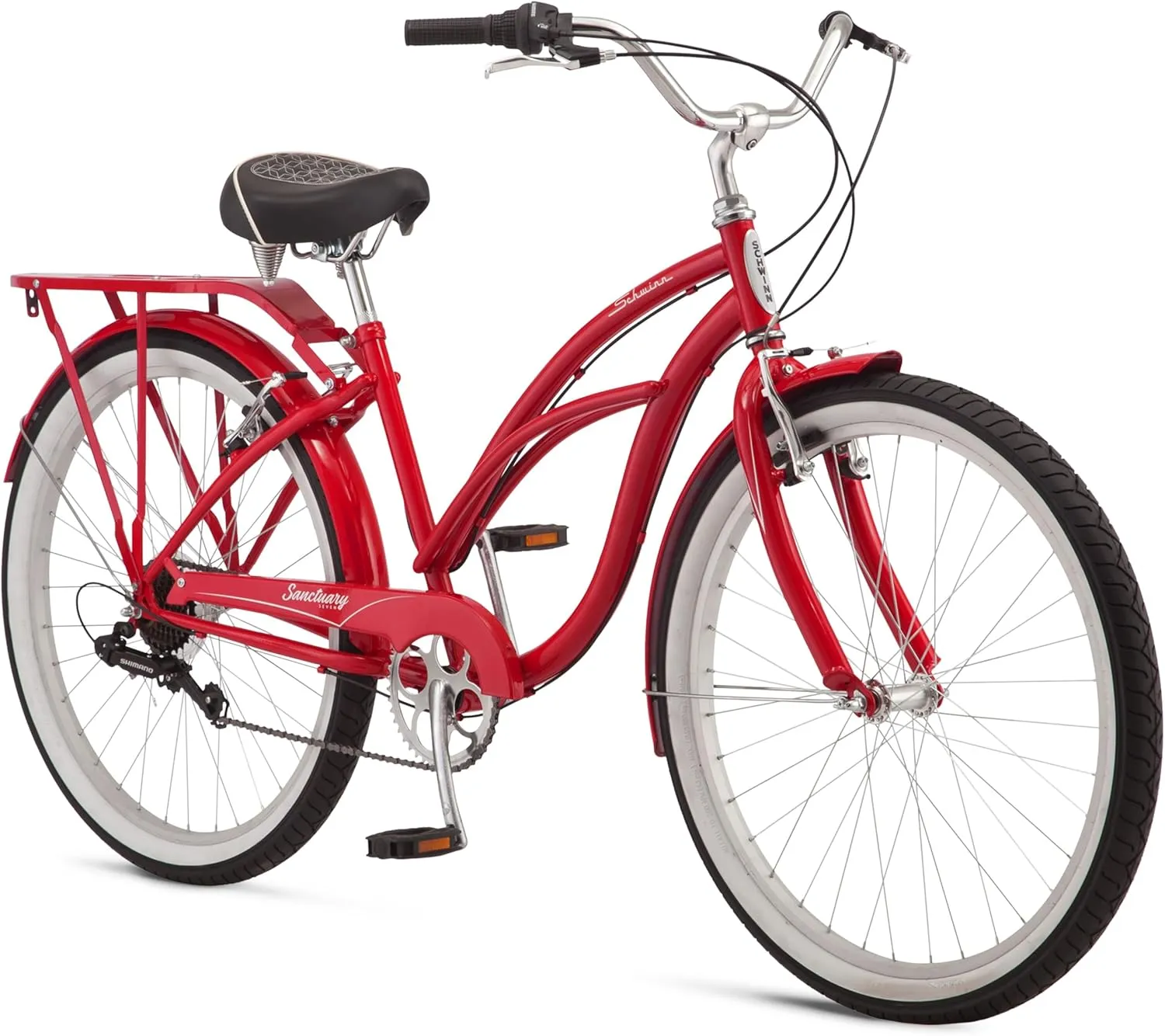 Schwinn Sanctuary 7 Comfort Beach Cruiser Bike for Adult Women Men, 7-Speed Drivetrain in Retro-Styled Steel Step-Through or Step-Over Frame, 26-Inch Wheels, With Front & Rear Fenders, Rear Cargo Rack