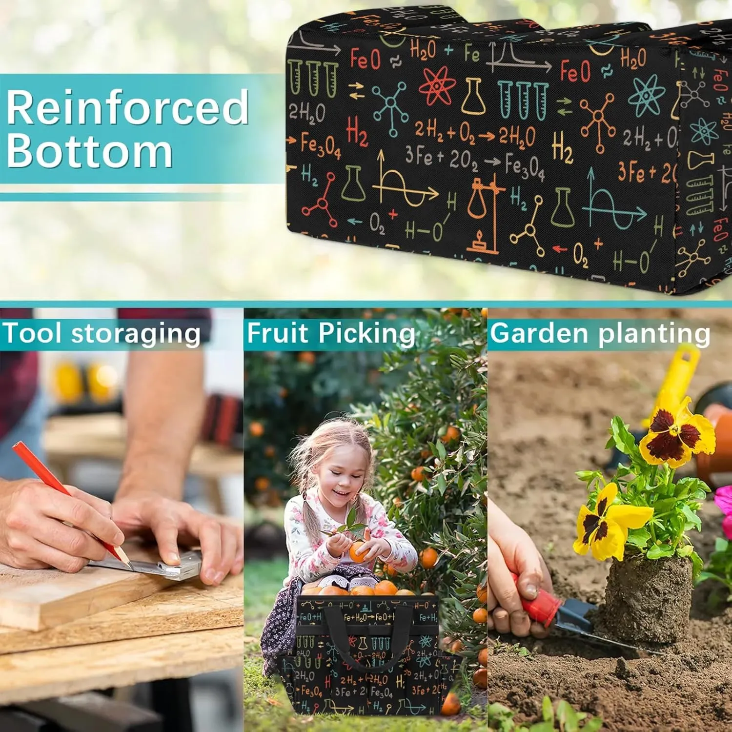 Science Garden Tool Bag, Physics Math Chemistry Formula Heavy Duty Gardening Tote Bag Organizer with 10 Pockets for Women Men Gardening Gifts