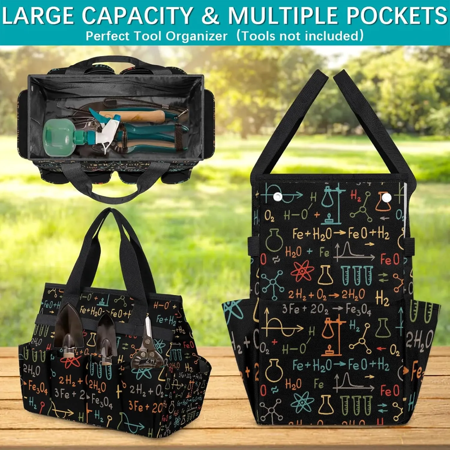 Science Garden Tool Bag, Physics Math Chemistry Formula Heavy Duty Gardening Tote Bag Organizer with 10 Pockets for Women Men Gardening Gifts