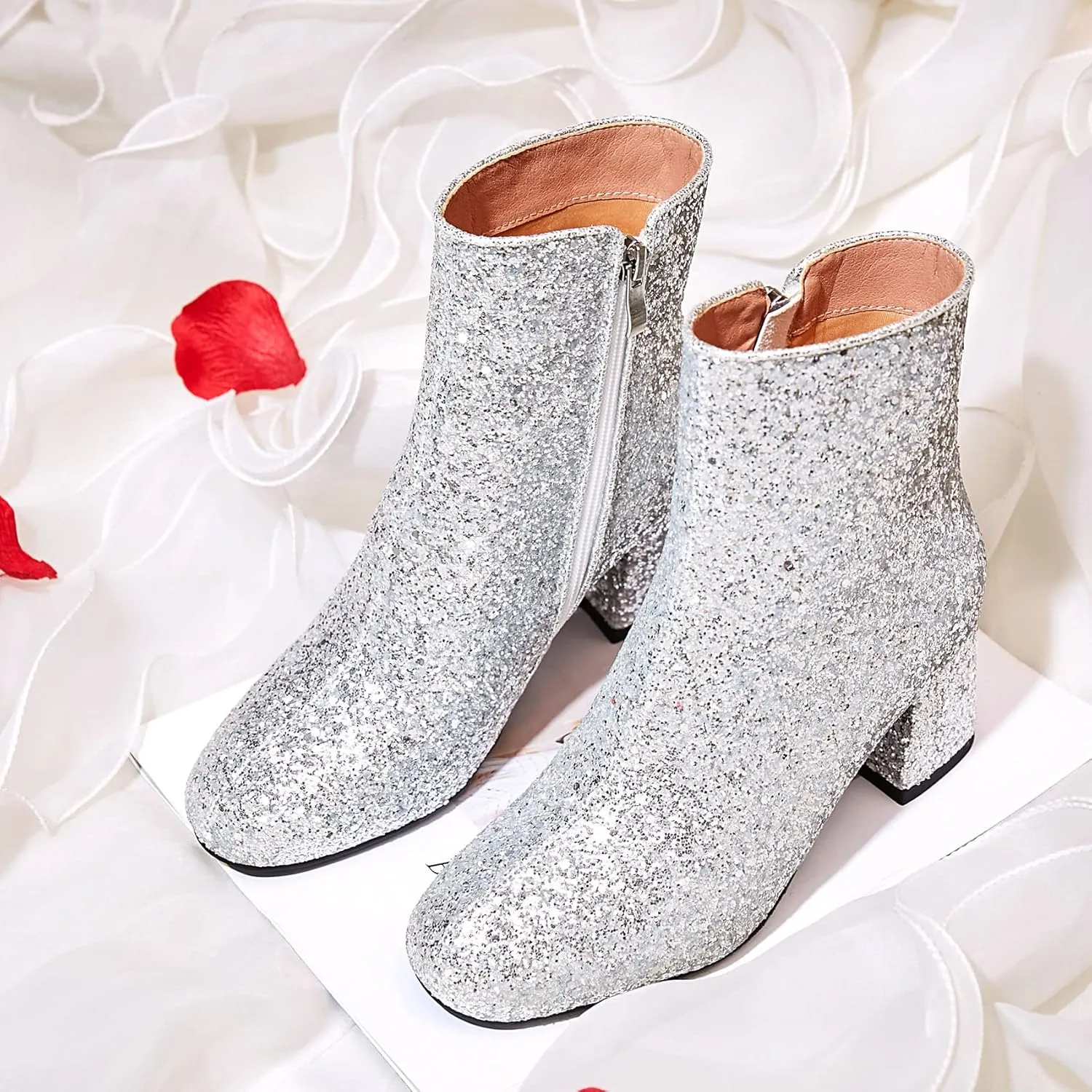 SEIFIN Women's Sequins Glitter Chunky Heel Ankle Boots Sparkly Wedding Bridal Party Dress Shoes Block Mid Heels Side Zipper Booties