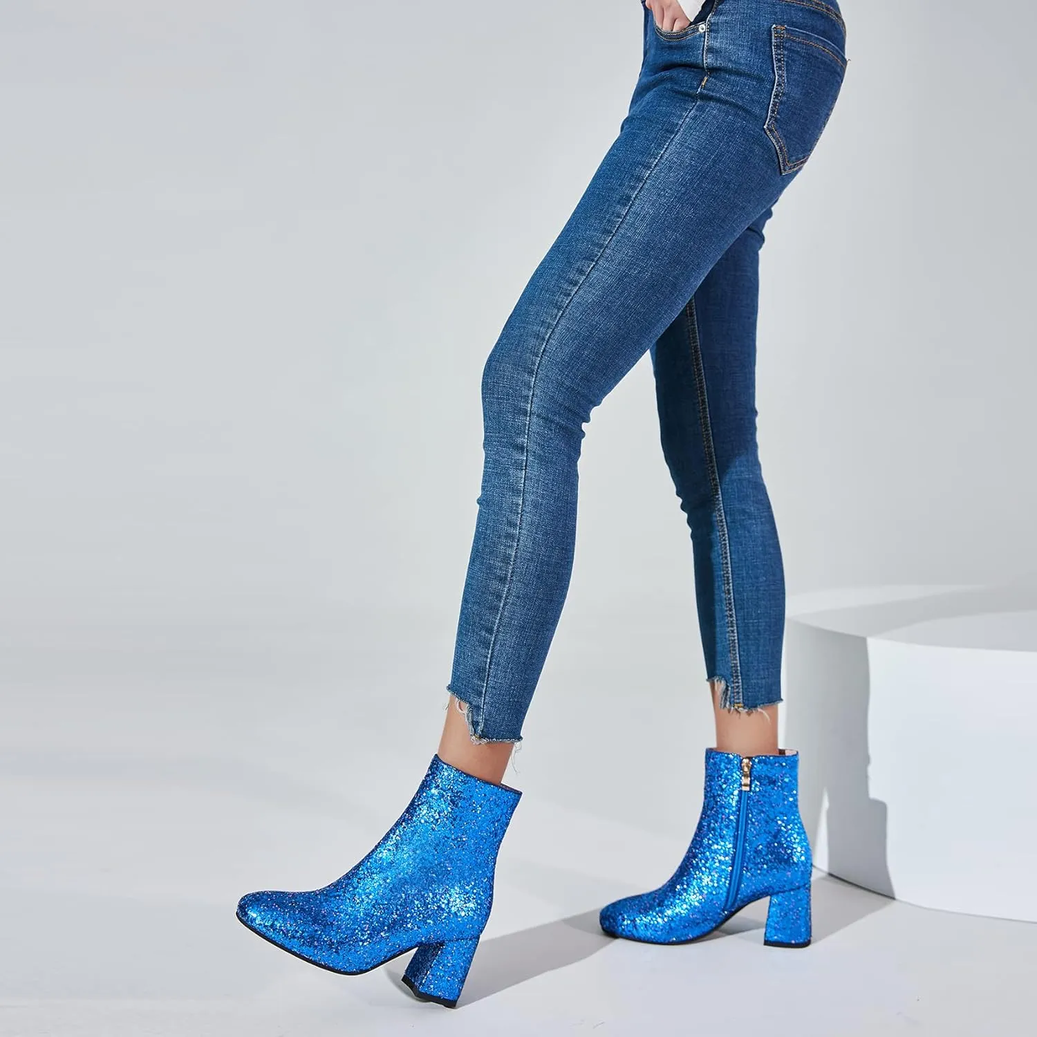 SEIFIN Women's Sequins Glitter Chunky Heel Ankle Boots Sparkly Wedding Bridal Party Dress Shoes Block Mid Heels Side Zipper Booties