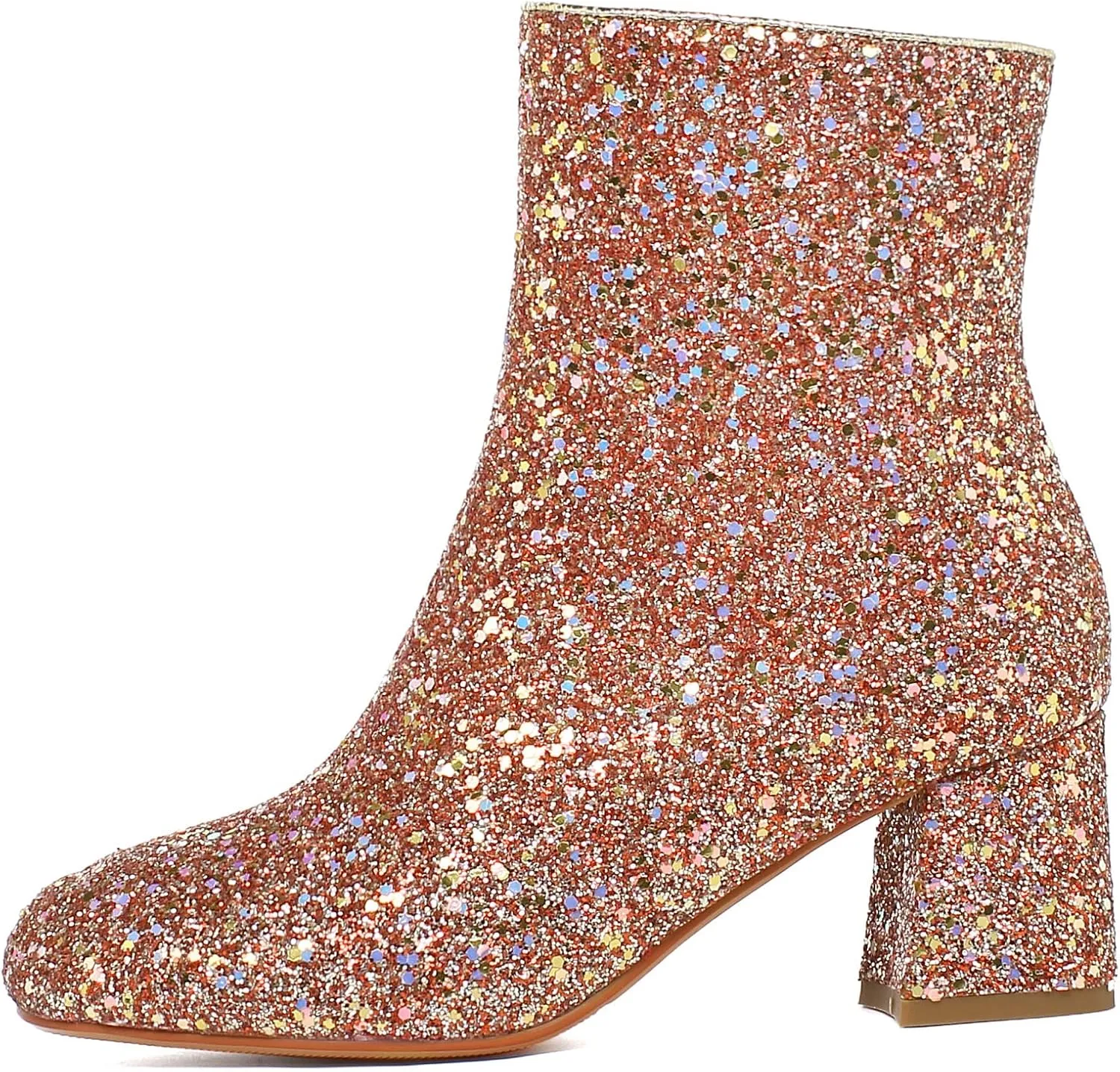 SEIFIN Women's Sequins Glitter Chunky Heel Ankle Boots Sparkly Wedding Bridal Party Dress Shoes Block Mid Heels Side Zipper Booties