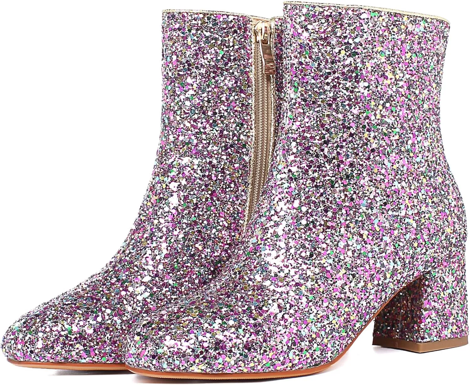 SEIFIN Women's Sequins Glitter Chunky Heel Ankle Boots Sparkly Wedding Bridal Party Dress Shoes Block Mid Heels Side Zipper Booties